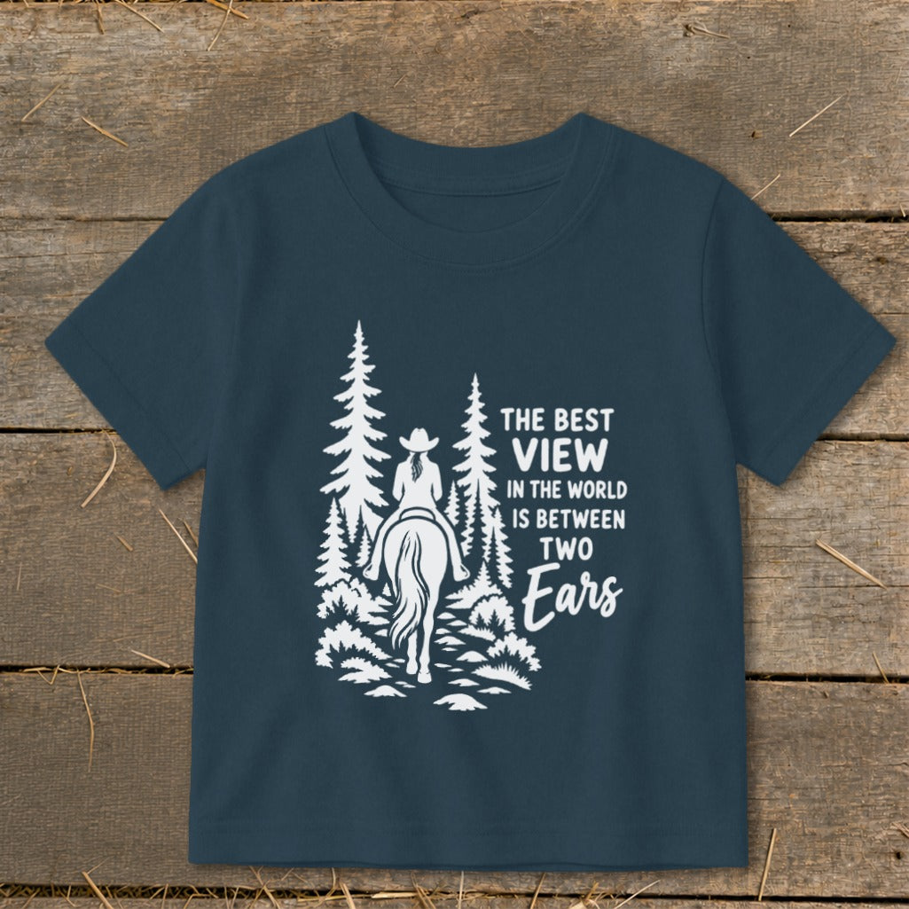 Dark blue t-shirt featuring a white graphic of a horse rider in the forest with text.