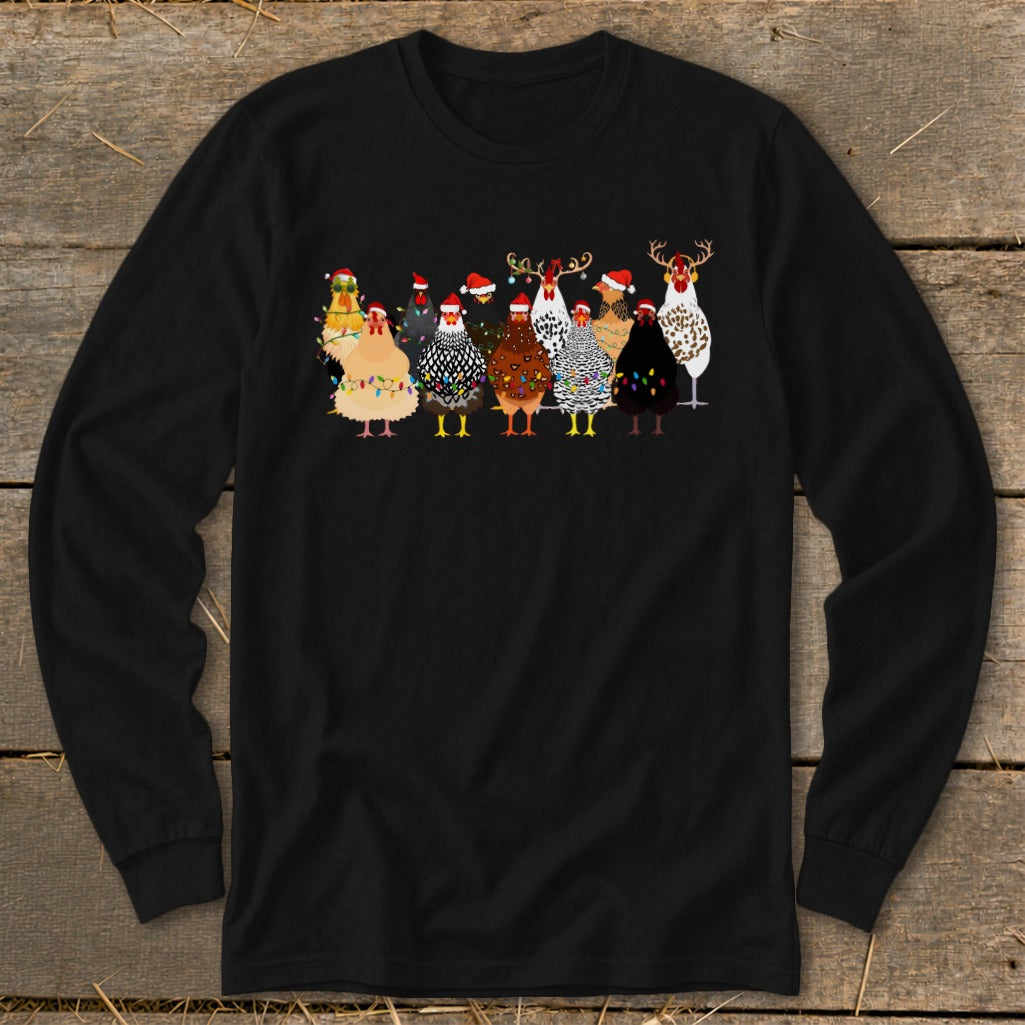Group of chickens wearing Santa hats and Christmas lights.
