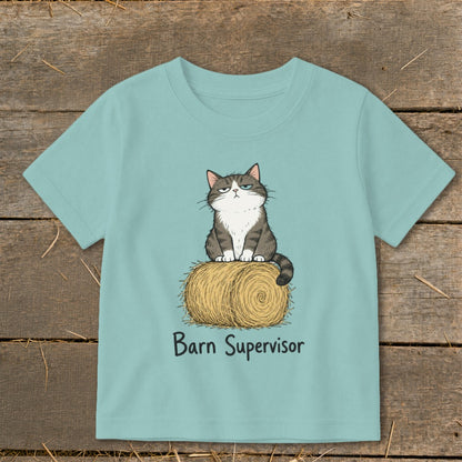 Illustration of a grumpy cat sitting on a hay bale with "Barn Supervisor" text.