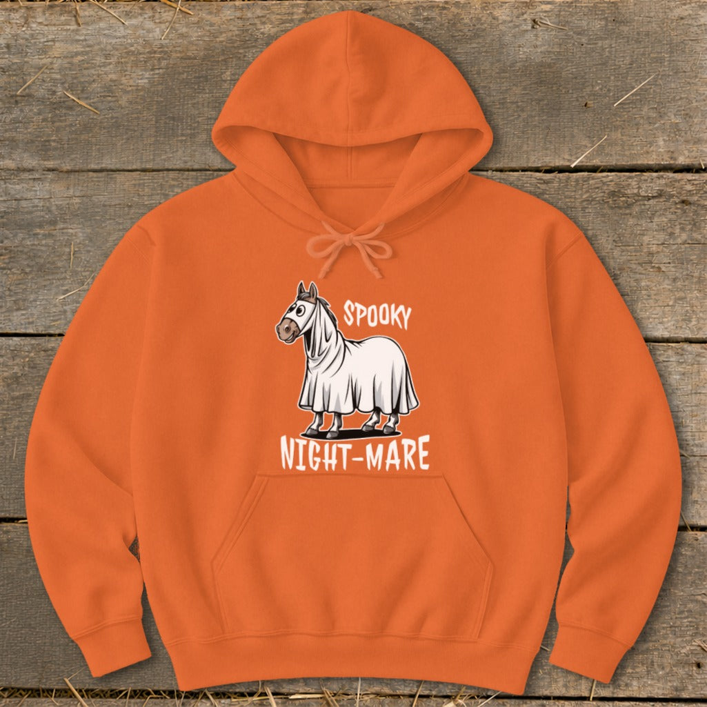 Orange hoodie with a horse wearing a ghost costume, text reads "Spooky Night-Mare".