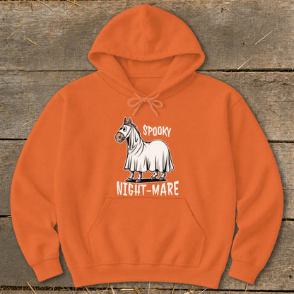 Orange hoodie with a horse wearing a ghost costume, text reads "Spooky Night-Mare".
