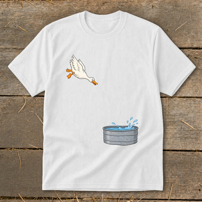 White t-shirt with a cartoon white duck mid-flight over a galvanized tub of water.