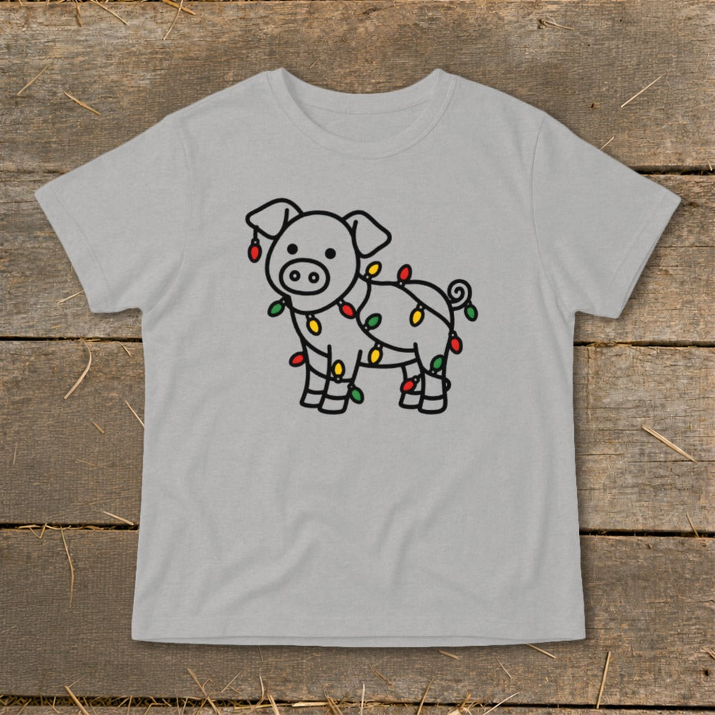 A grey t-shirt featuring a line drawing of a pig tangled in colorful Christmas lights.