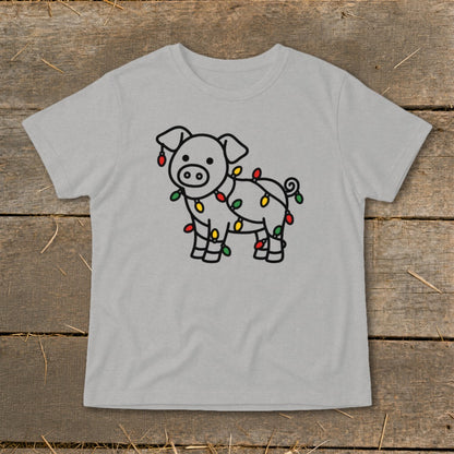 A grey t-shirt featuring a line drawing of a pig tangled in colorful Christmas lights.