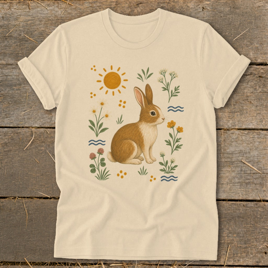 Cream t-shirt with a brown rabbit surrounded by flowers, sun, and waves.
