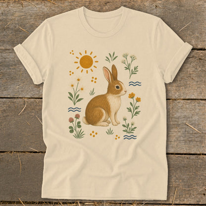 Cream t-shirt with a brown rabbit surrounded by flowers, sun, and waves.