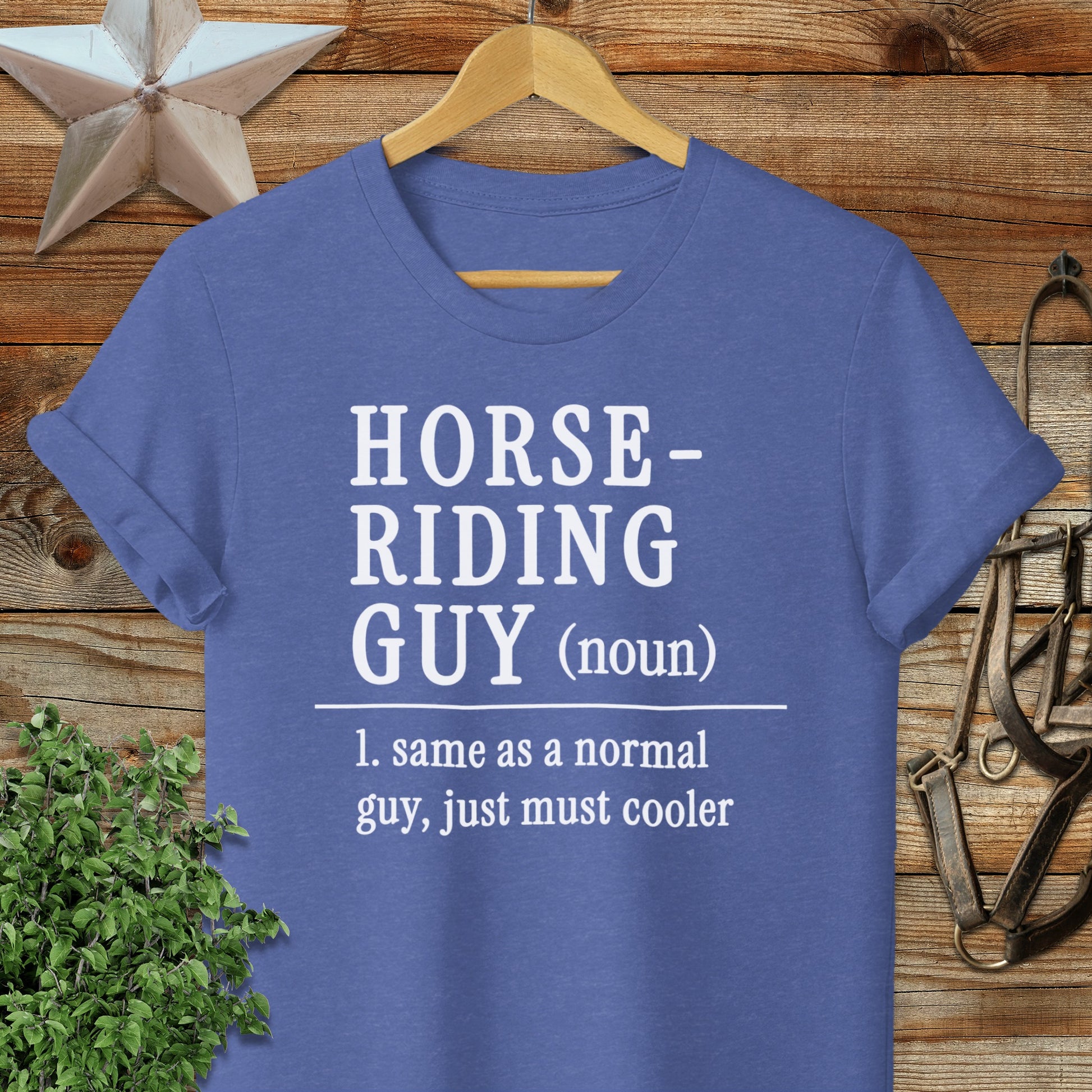 Purple t-shirt with text "HORSE-RIDING GUY (noun) 1. same as a normal guy, just must cooler".