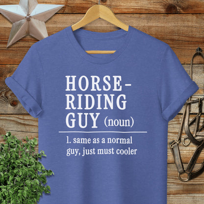 Purple t-shirt with text "HORSE-RIDING GUY (noun) 1. same as a normal guy, just must cooler".