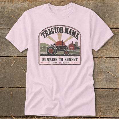 Pink t-shirt with "Tractor Mama Sunrise to Sunset" farm graphic.