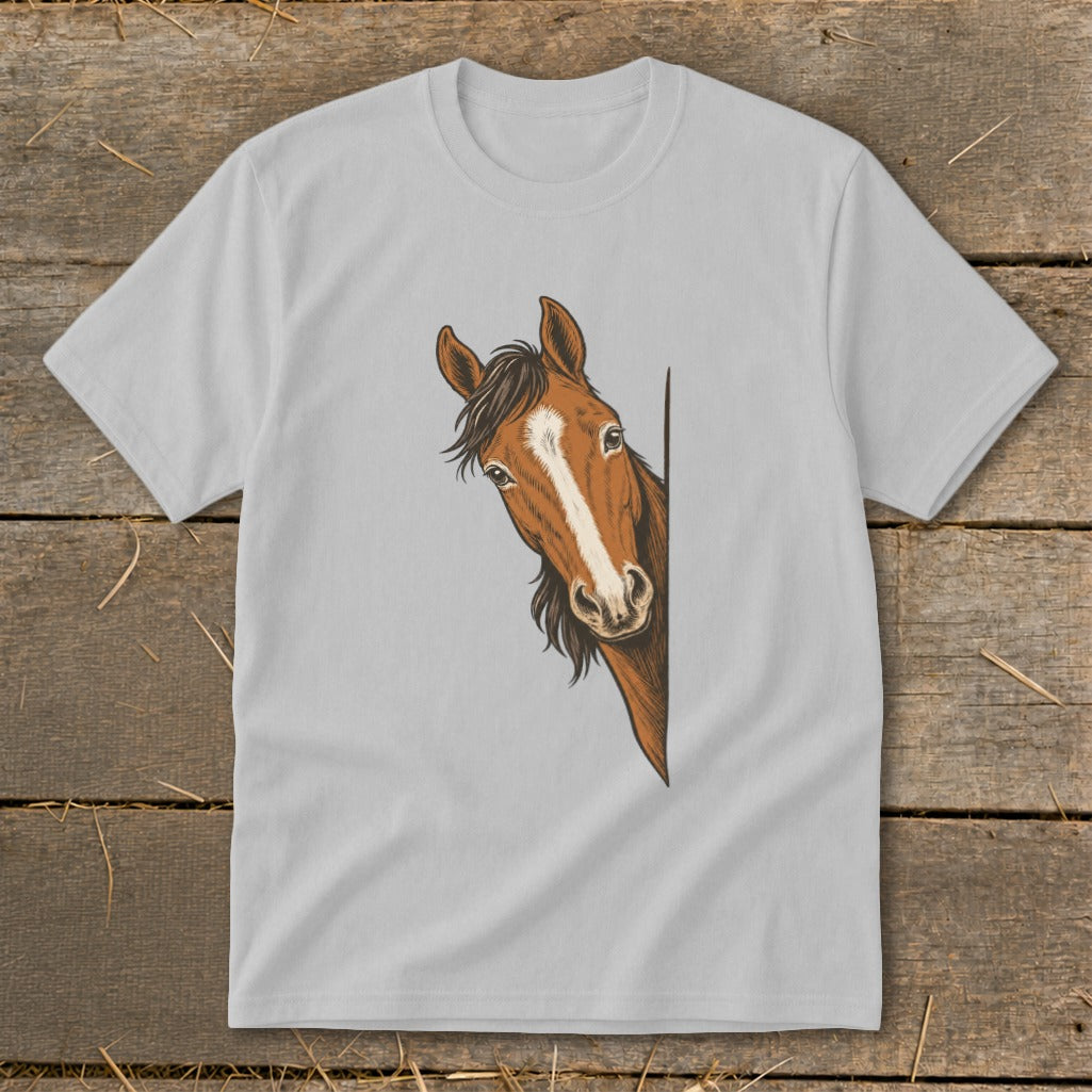 T-shirt with a detailed drawing of a brown horse peeking from the side.