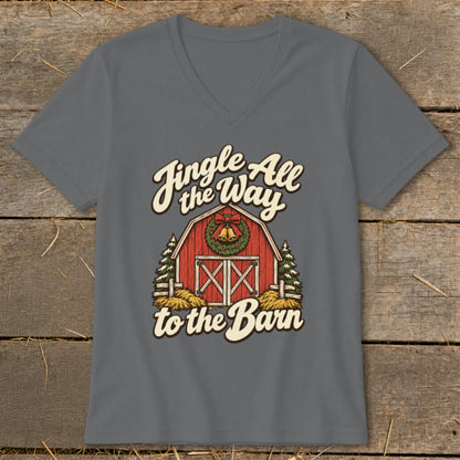 Christmas barn graphic with "Jingle All the Way to the Barn" text.