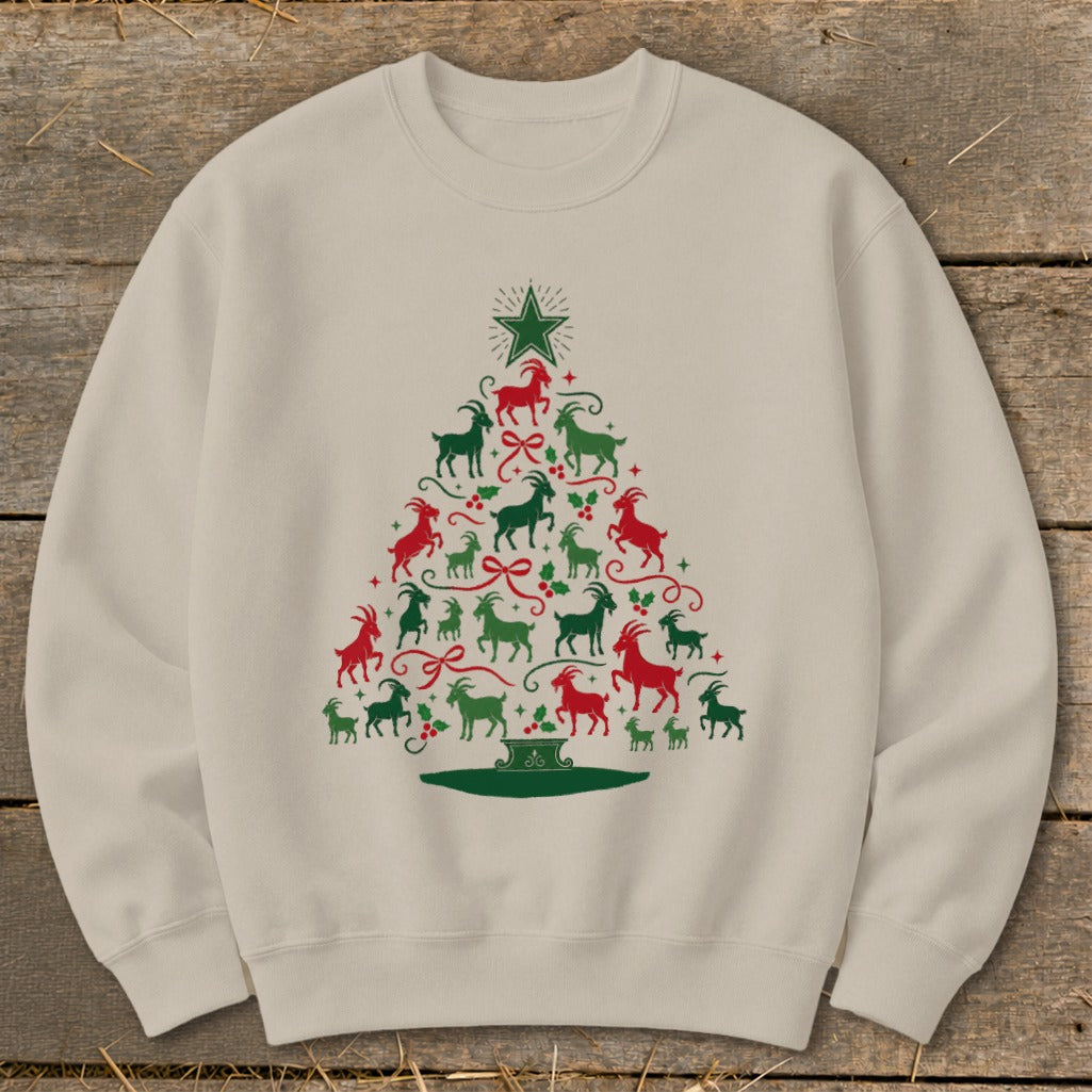 Crewneck sweatshirt with a Christmas tree made of red and green goats.