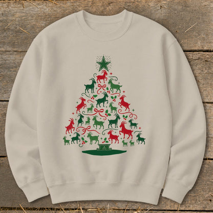 Crewneck sweatshirt with a Christmas tree made of red and green goats.