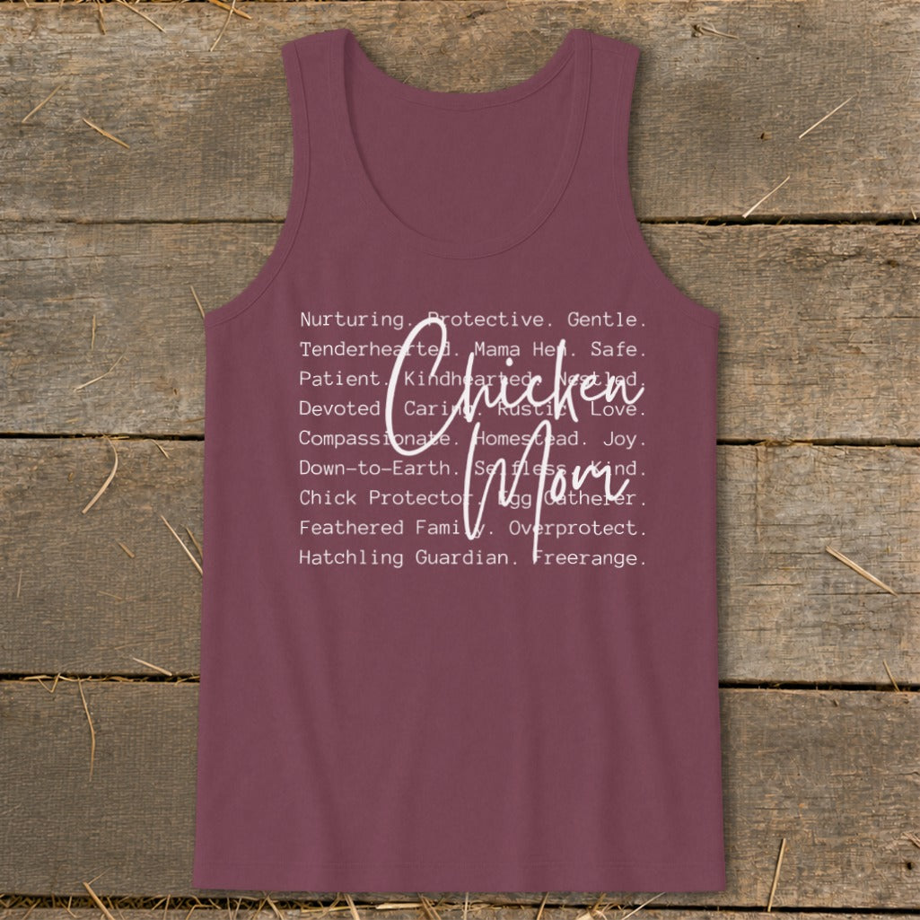Burgundy tank top with "Chicken Mom" text and descriptive words.