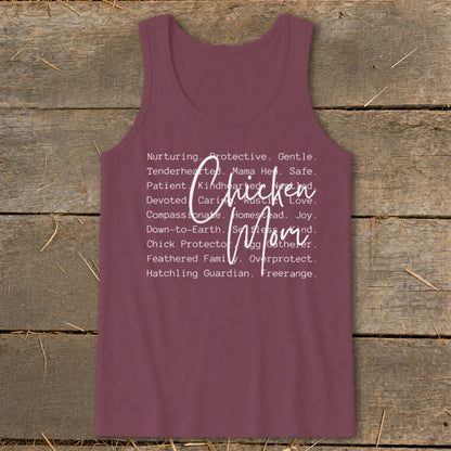 Burgundy tank top with "Chicken Mom" text and descriptive words.
