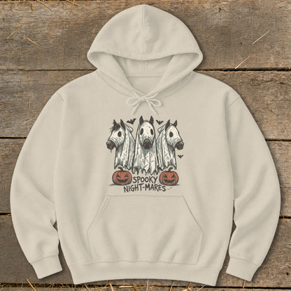 Cream hoodie with spooky horses in ghost costumes and pumpkins with "Spooky Night-mares" text.