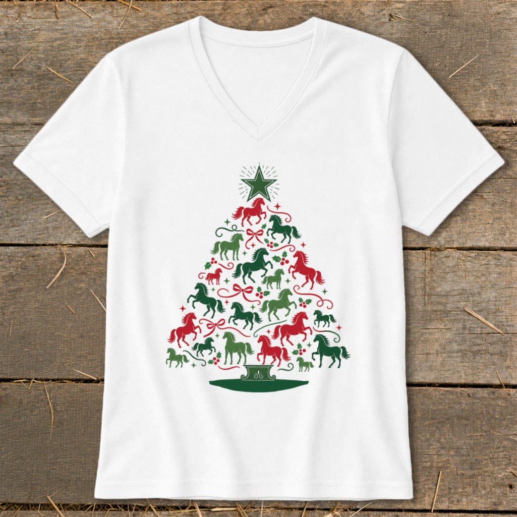 White t-shirt with a Christmas tree made of red and green horses.