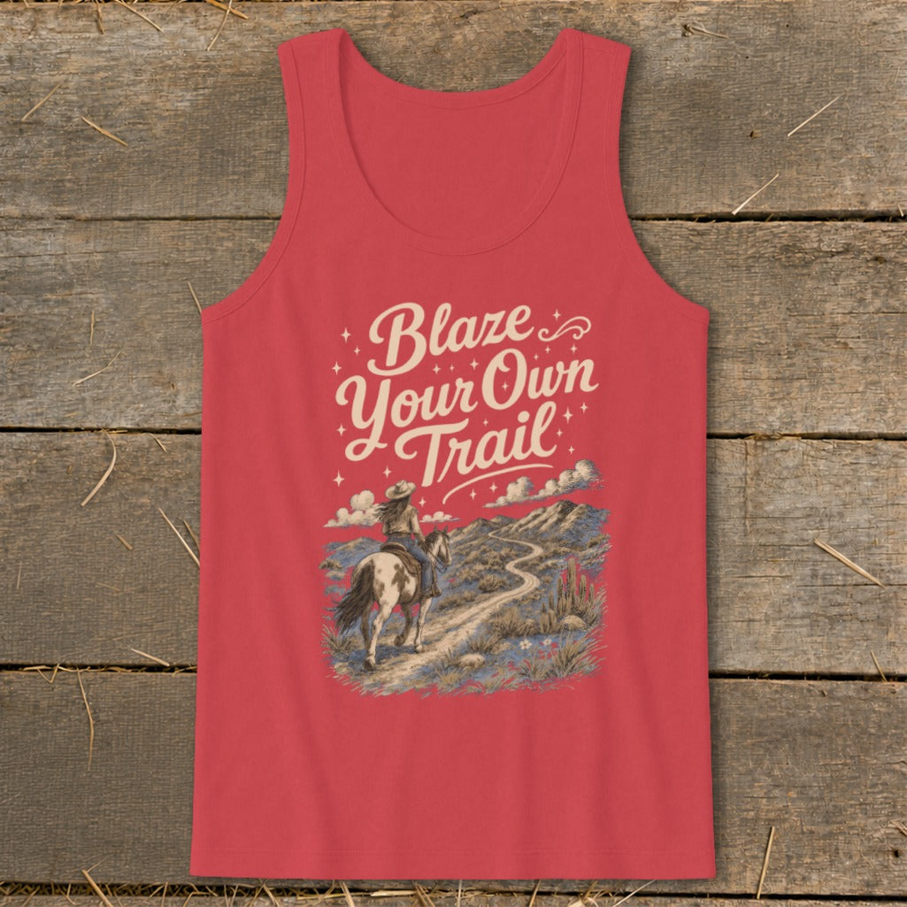 Red tank top with "Blaze Your Own Trail" text and horse rider in desert landscape.