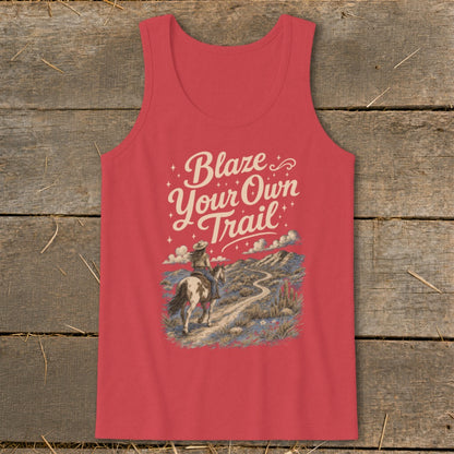 Red tank top with "Blaze Your Own Trail" text and horse rider in desert landscape.