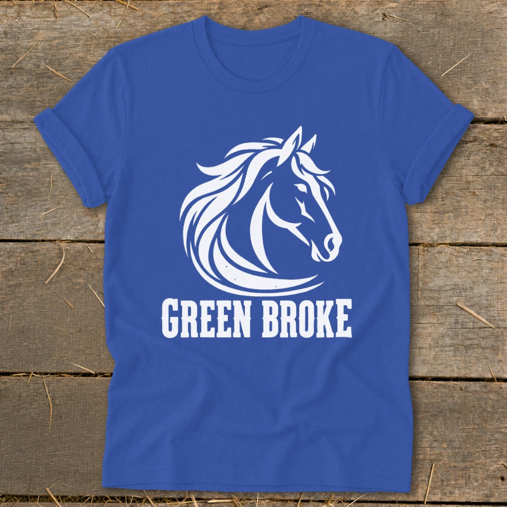 A blue t-shirt featuring a white horse head silhouette above the text Green Broke.