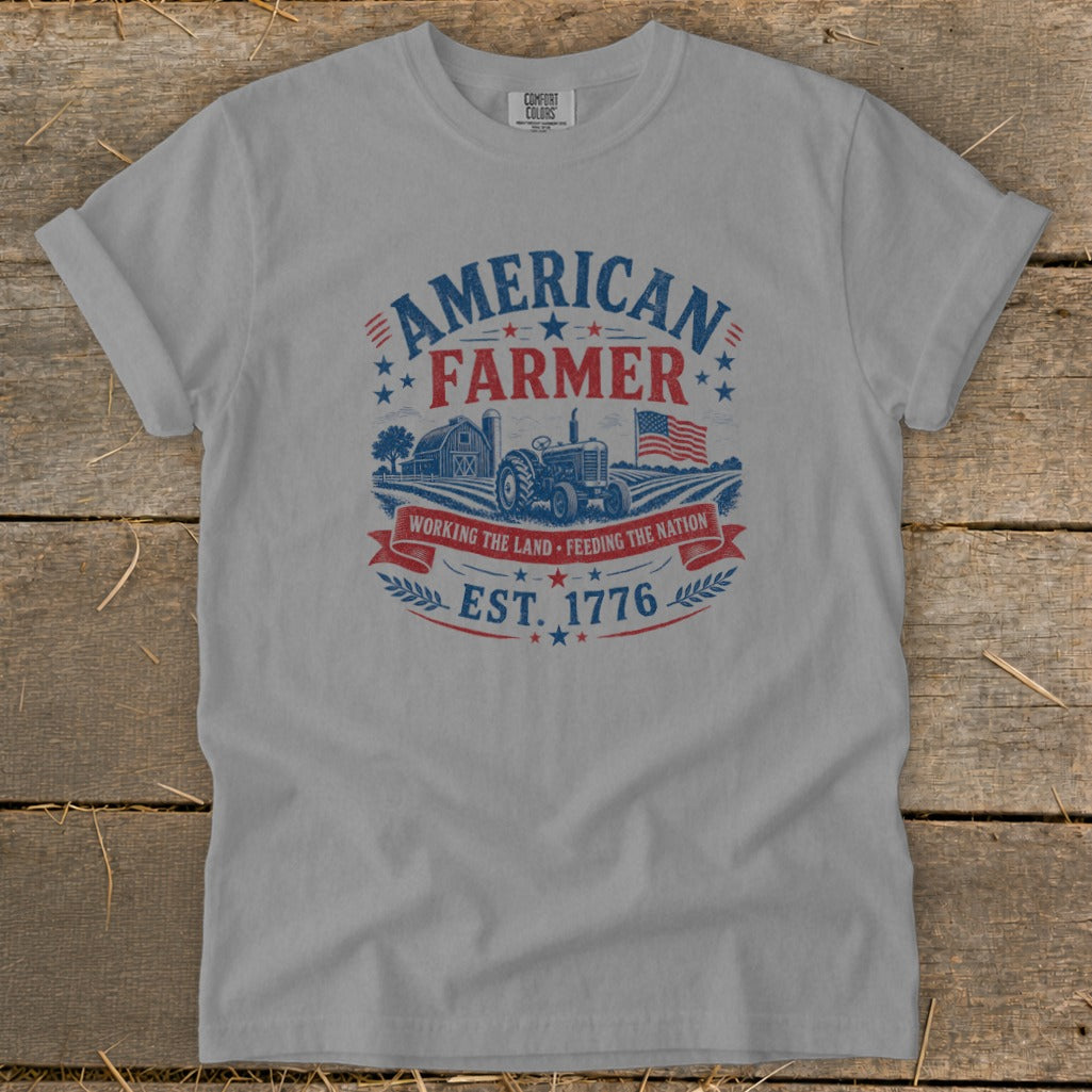 American Farmer graphic with tractor, barn, flag, and text reading "Est. 1776".