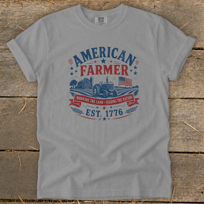 American Farmer graphic with tractor, barn, flag, and text reading "Est. 1776".