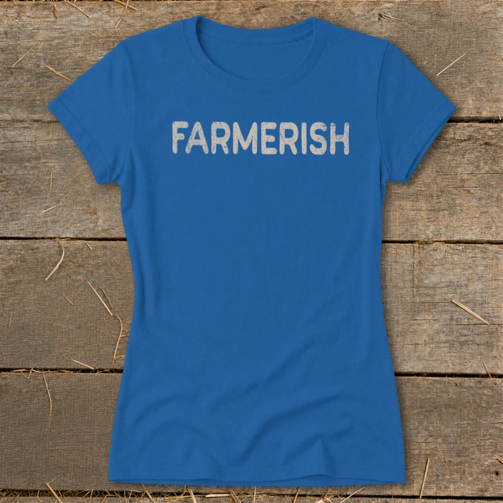 Blue t-shirt with "FARMERISH" text printed in distressed grey lettering.