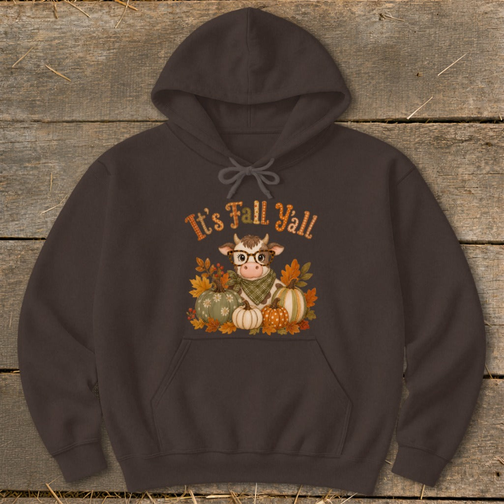 Dark brown hoodie with a cow wearing glasses and "It's Fall Y'all" text.
