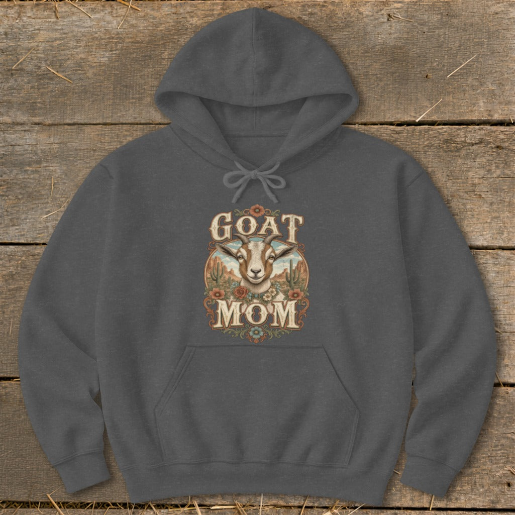 Dark grey hoodie with "GOAT MOM" text and a goat illustration.