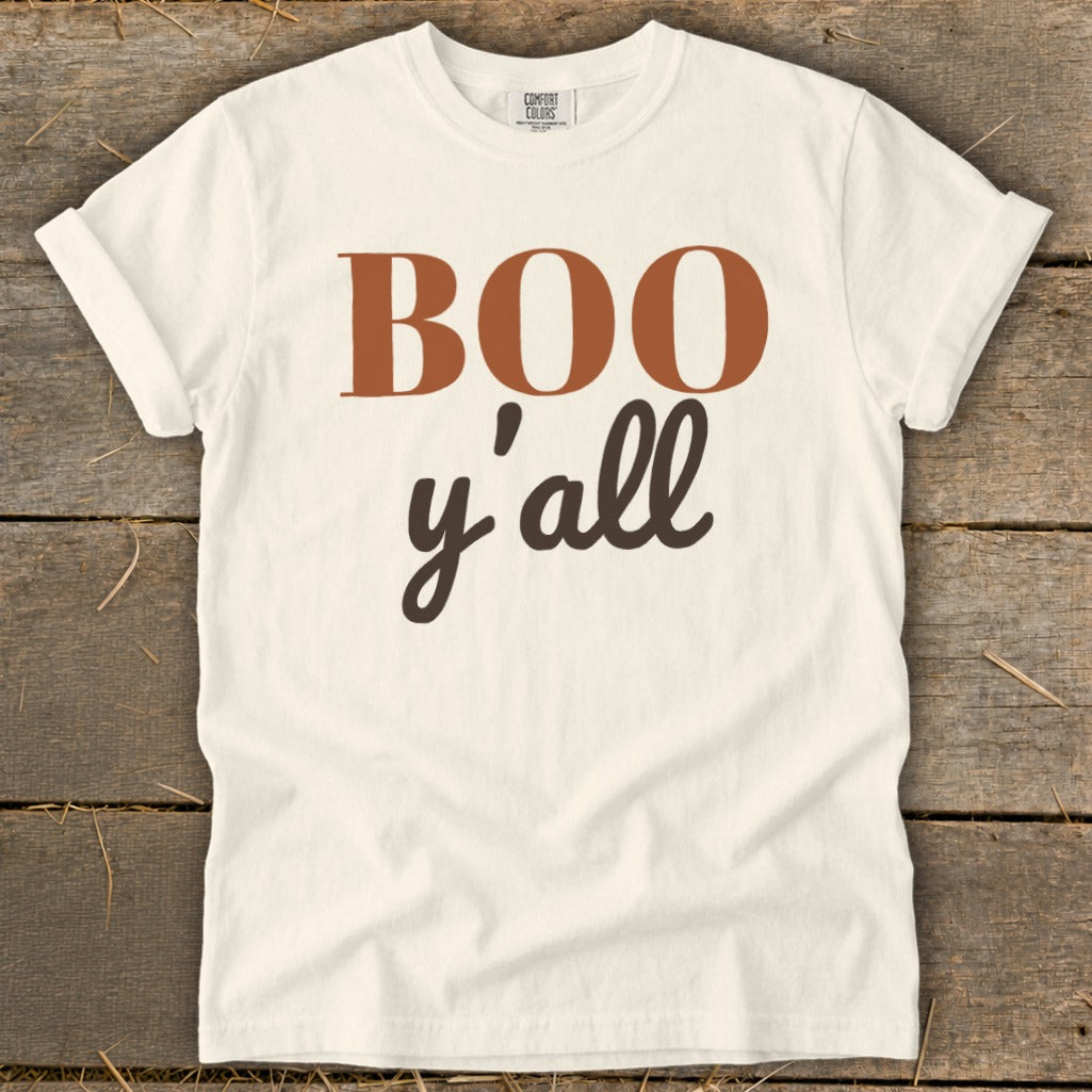 Cream t-shirt with "BOO y'all" in brown text.