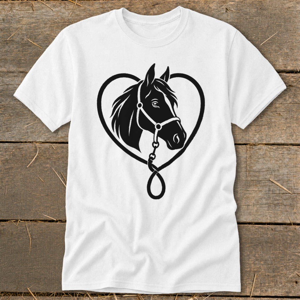 A white t-shirt featuring a black graphic of a horse's head framed by a heart shape.
