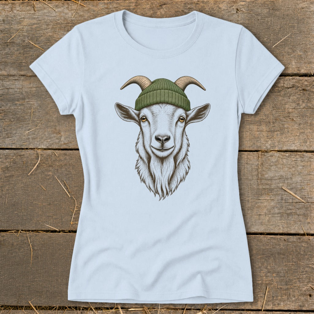 Light blue t-shirt with illustration of a goat wearing a green beanie.