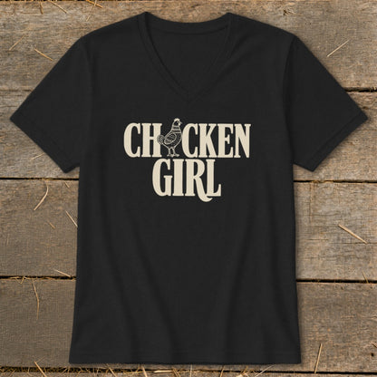 Black t-shirt with white text "CHICKEN GIRL" and a small chicken illustration.
