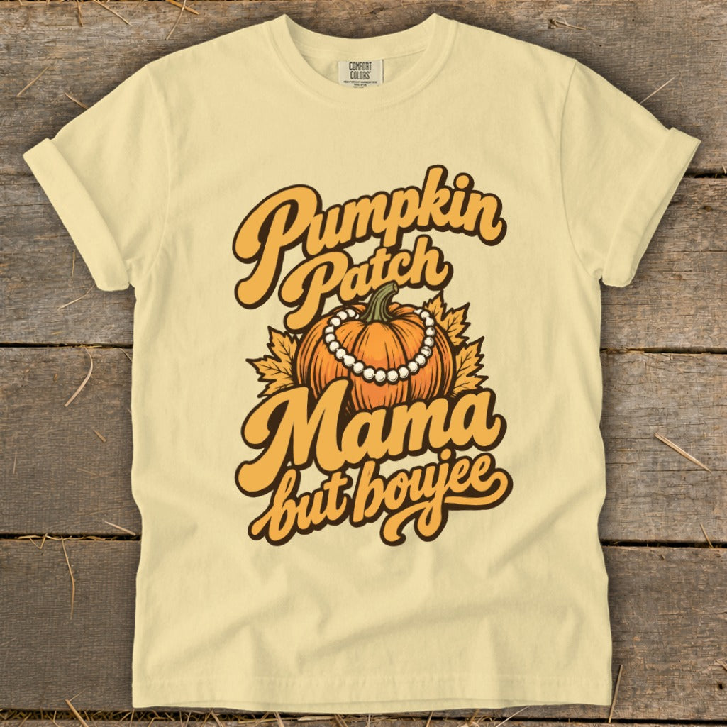 Pale yellow t-shirt with "Pumpkin Patch Mama but boujee" graphic featuring a pumpkin and pearls.