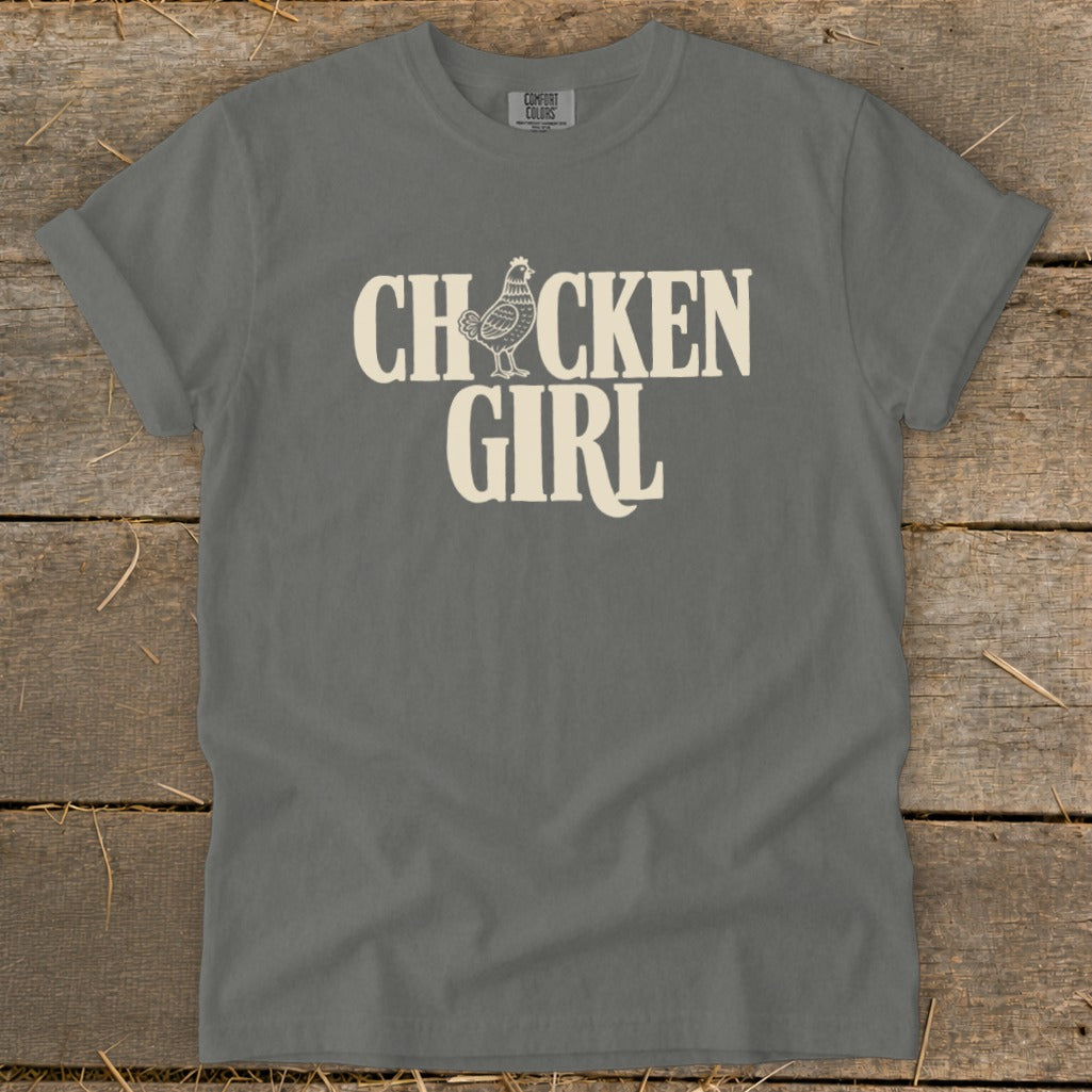 Gray t-shirt with "CHCKEN GIRL" text and chicken graphic.