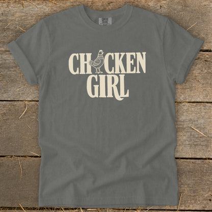 Gray t-shirt with "CHCKEN GIRL" text and chicken graphic.