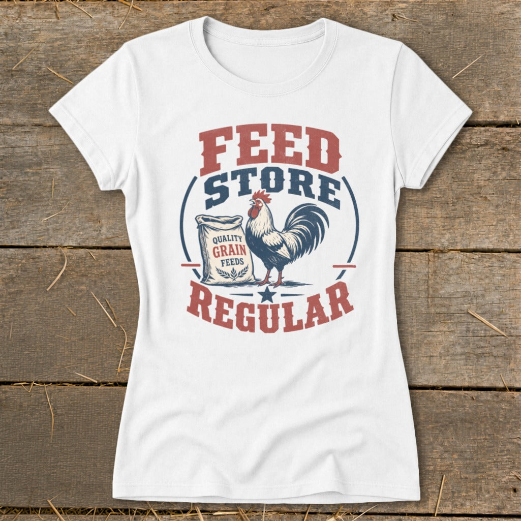 White t-shirt with a graphic of a rooster next to a bag of grain, with text "FEED STORE REGULAR".