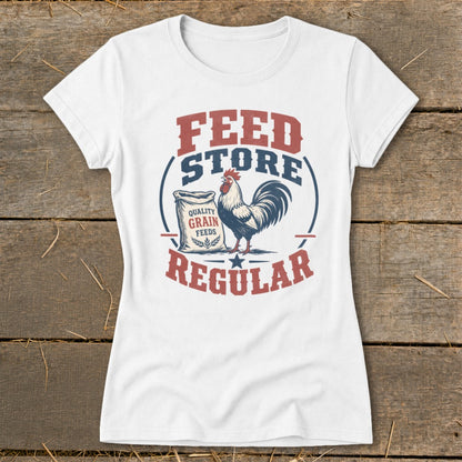 White t-shirt with a graphic of a rooster next to a bag of grain, with text "FEED STORE REGULAR".