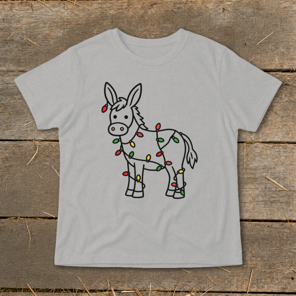 Line art of donkey wrapped in colorful Christmas lights on a light grey t-shirt.