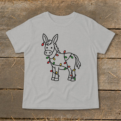 Line art of donkey wrapped in colorful Christmas lights on a light grey t-shirt.