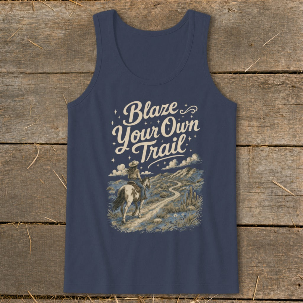 Navy tank top with "Blaze Your Own Trail" text and horseback rider illustration.