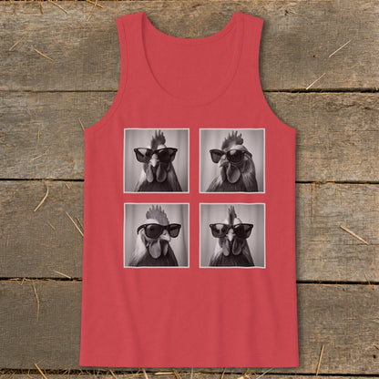 Coral tank top with four square black and white images of roosters wearing sunglasses.