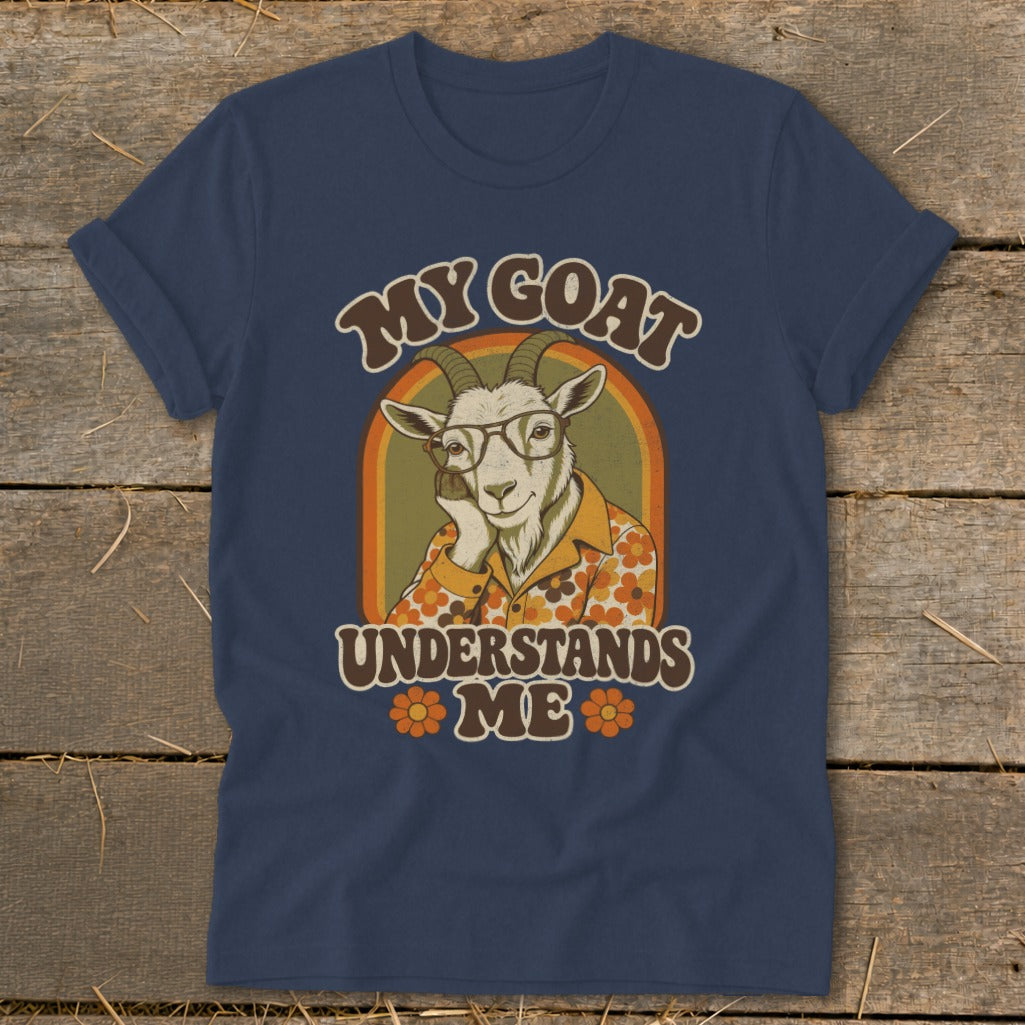 T-shirt with a goat wearing glasses and a floral shirt, text says "MY GOAT UNDERSTANDS ME".