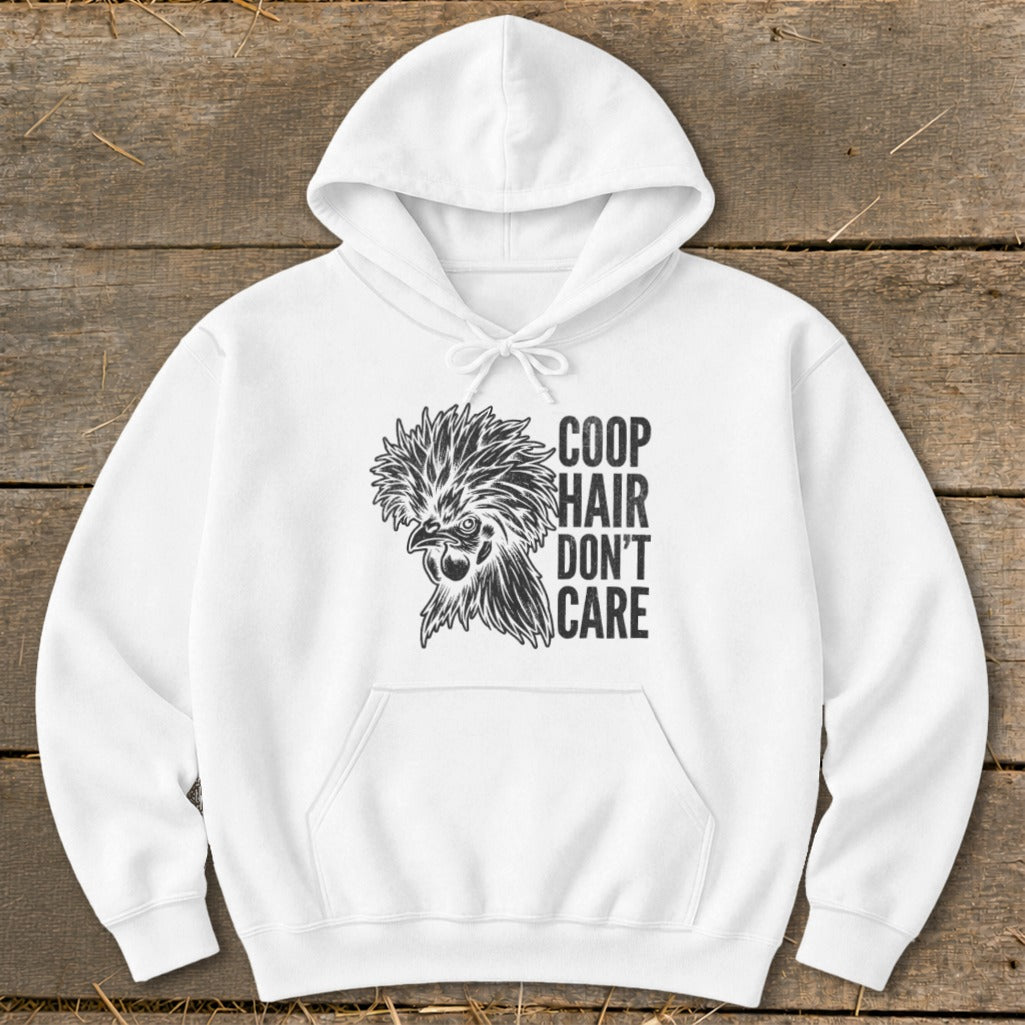 White hoodie with black graphic of a chicken and text "COOP HAIR DON'T CARE".