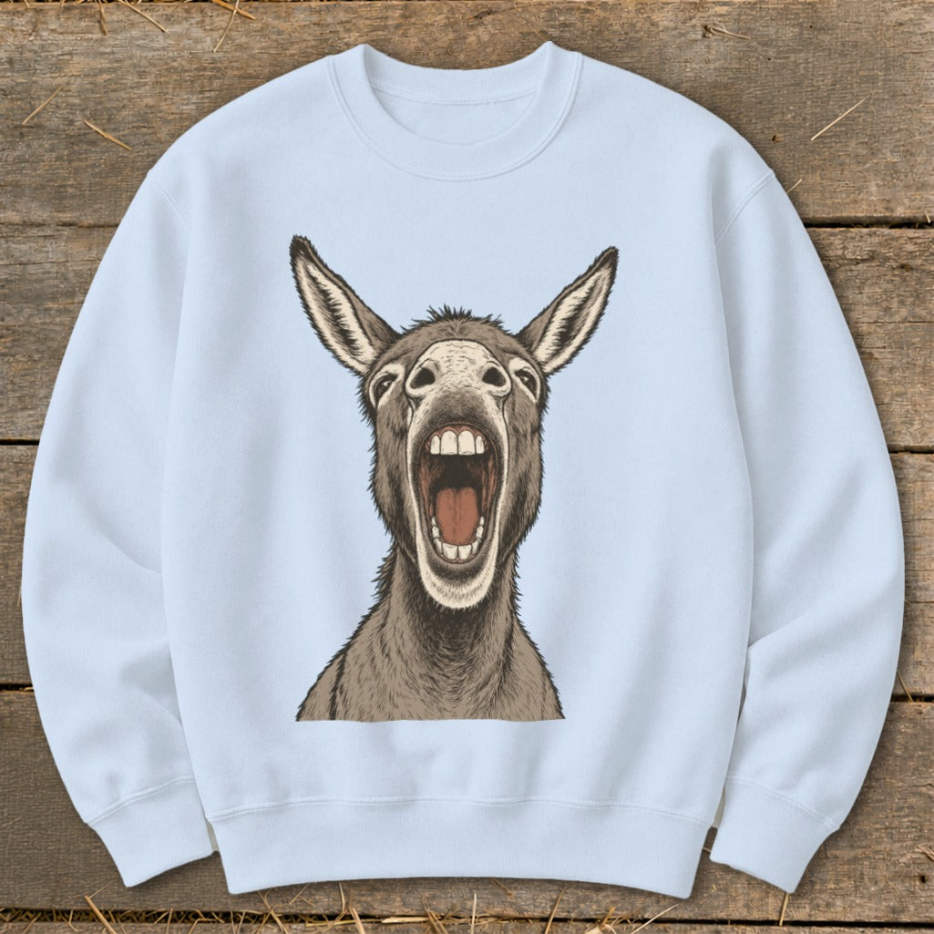 Light blue sweatshirt featuring a cartoon donkey with mouth wide open and ears up.