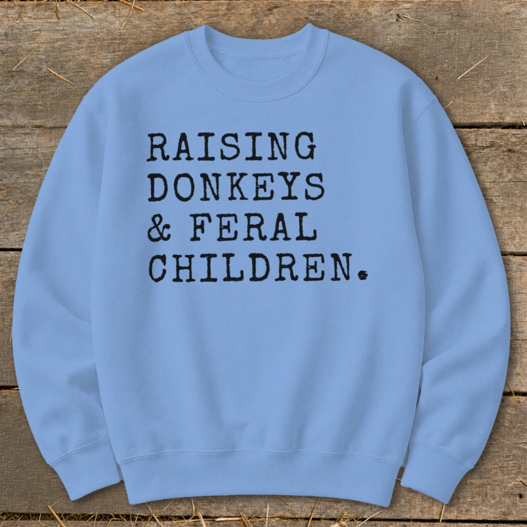Light blue sweatshirt with black text "Raising Donkeys & Feral Children."