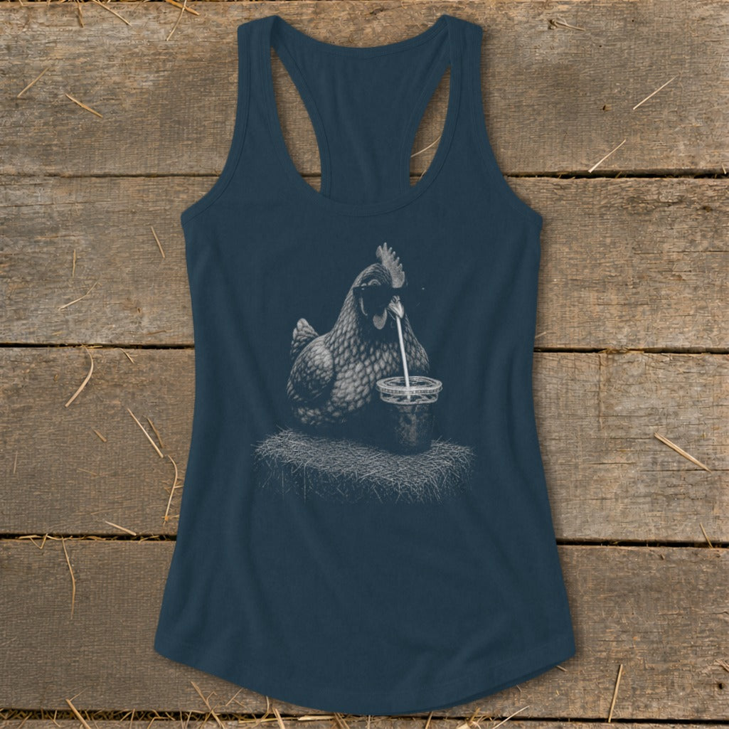 Dark blue tank top with a graphic of a chicken drinking from a jar.