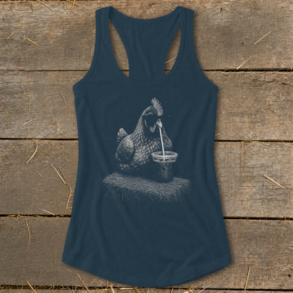 Dark blue tank top with a graphic of a chicken drinking from a jar.