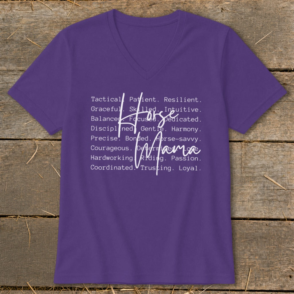 Purple t-shirt with "Horse Mama" and descriptive words in white text.