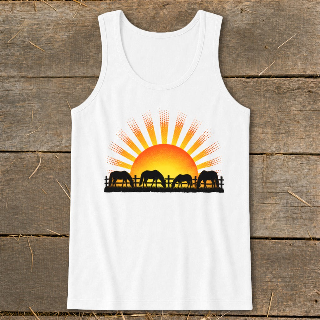White tank top with horses grazing at sunrise graphic.
